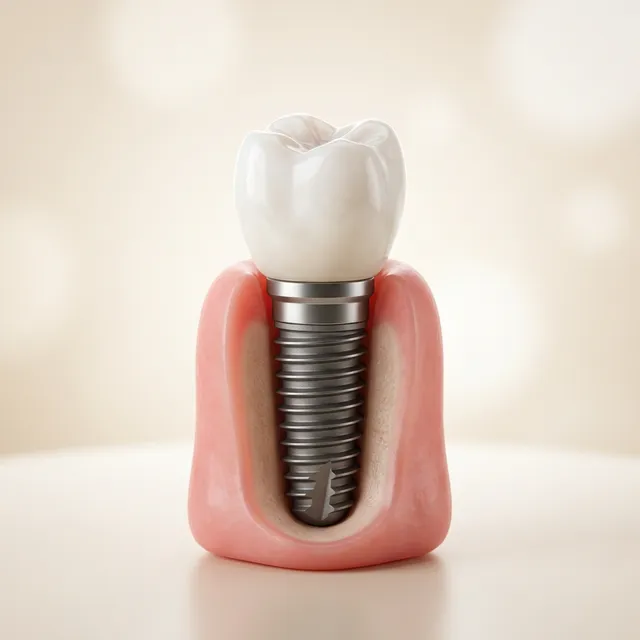 Ilustração 3D de um Implante Dentário Unitário com coroa de porcelana